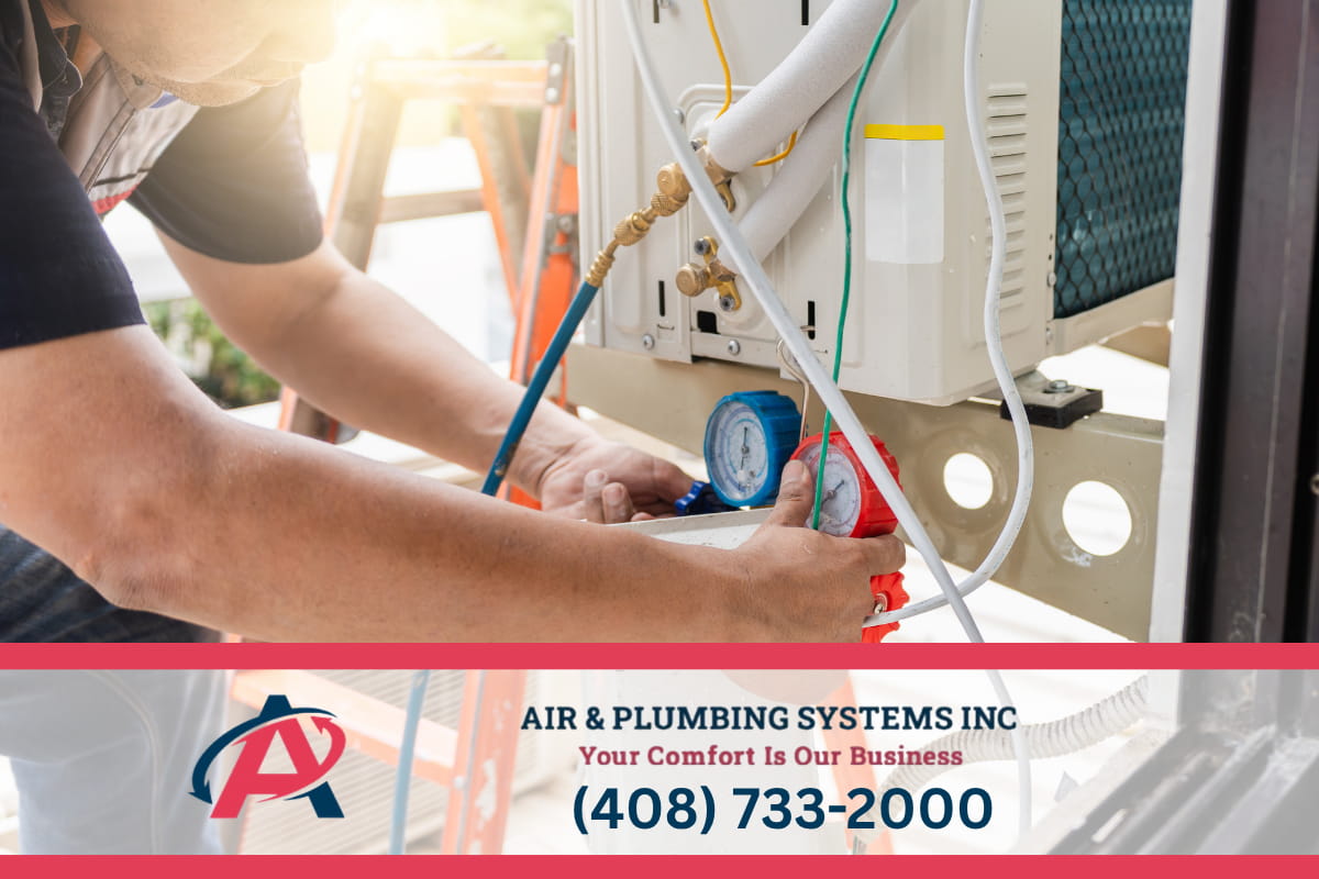 emergency AC repair - fixing outdoor air conditioning unit near residential home
