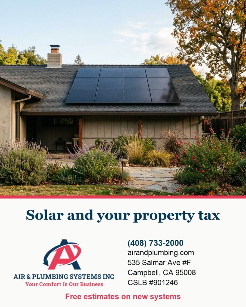 AI-generated photo-real picture of a single-storey house with one block of solar panels on its roof, seen from the garden in autumn, with the words: Solar and your property tax
