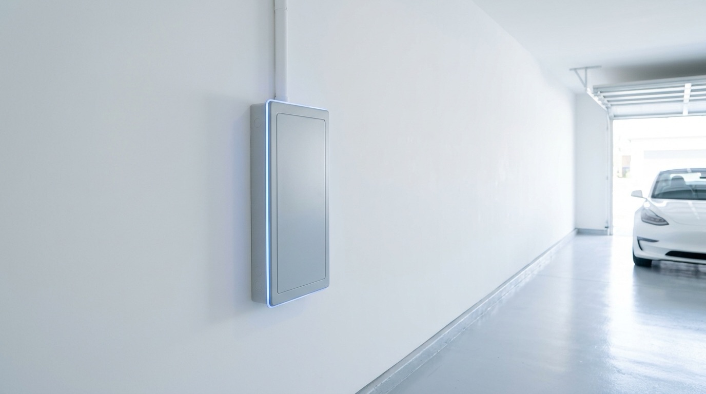 Smart electrical panel with a soft light strip on a white garage wall